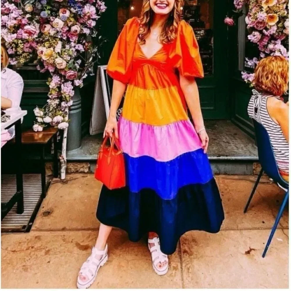 Anthropologie Farm Rio Size S Puff Sleeve Tiered Maxi Dress Colorblock Stripe - Picture 10 of 15